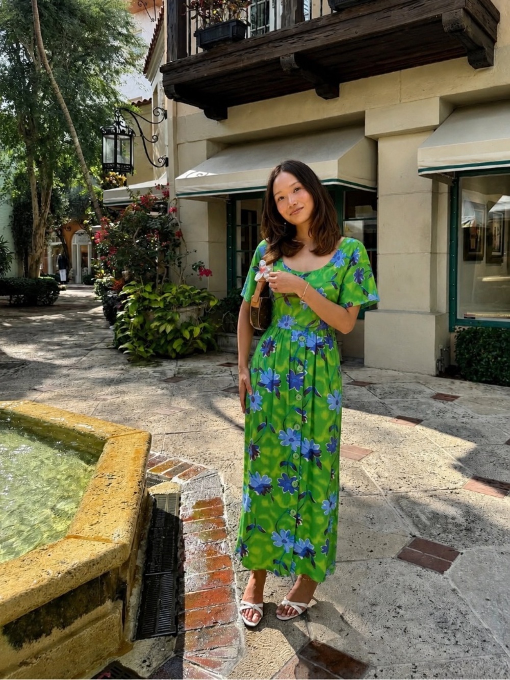 80's Babydoll Floral Maxi Dress Size Large Green Blue Summer Event